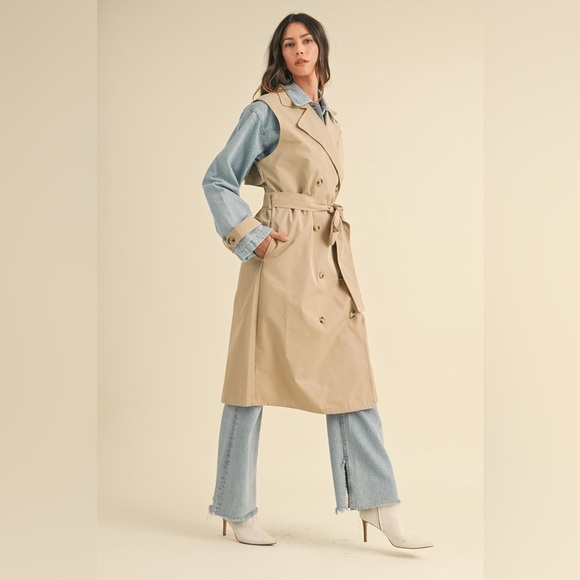 Jackets & Blazers - Layered Trench Coat with Denim Jacket Size M Tan Blue Outerwear Classic Neutral